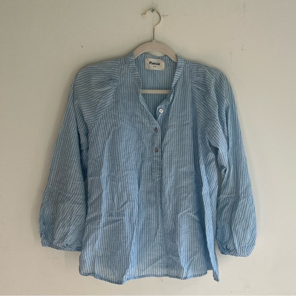 PIETSIE Blue Striped Linen Top Size Small - Picture 2 of 6